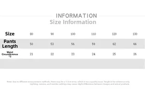 Size chart table for kids loose casual pants showing length and waist from 80 to 130 cm
