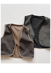 Flat lay of vintage checkered V-neck vests for children in brown and grey tones