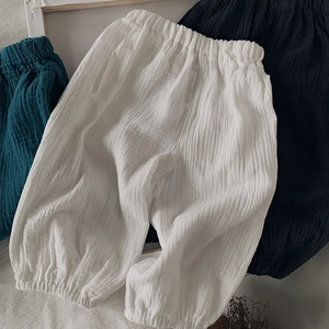 Pantalon bouffant enfant en gaze de coton respirant, coloris blanc, bleu et bleu sarcelle