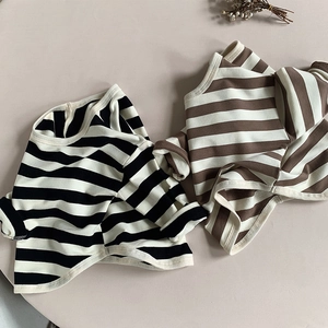Close-up of soft ribbed cotton striped long sleeve shirts for toddlers in two colors