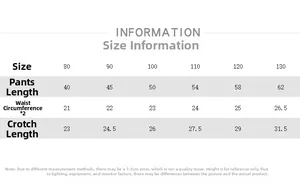 Size chart for girls corduroy wide leg pants showing length and waist measurements