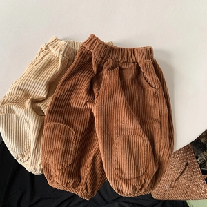 Kids corduroy loose pants with knee patches and elastic waist in beige and brown