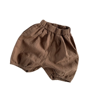 Kids linen cotton shorts in dark brown with elastic waist and loose summer fit