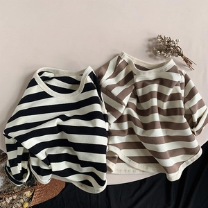 Girls striped long sleeve cotton t-shirt in black and brown casual Korean style