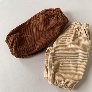 Kids corduroy loose pants set in dark brown and beige with elastic waist and pockets
