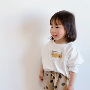 Camiseta holgada de algodón blanco de manga larga para niña con gráfico de cara sonriente