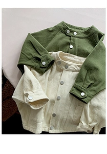 Close-up of military green and beige cotton jackets featuring stand collars and buttons