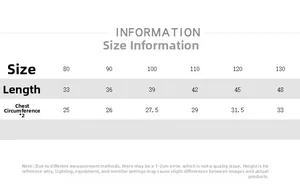Size chart for kids thermal base layer showing length and chest measurements from 80 to 130