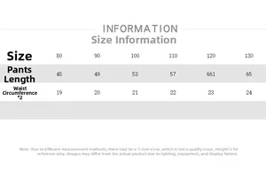 Detailed size chart for kids wide-leg cotton pants showing length and waist measurements