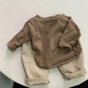 Kids long sleeve brown cotton tee and beige loose casual trousers outfit set