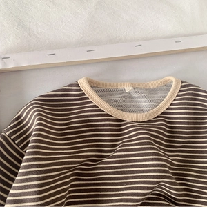 Close-up of the ribbed crew neck and fine knit texture on striped kids long sleeve t-shirt