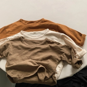 Kids Slub Cotton Long Sleeve T-Shirt Soft Breathable Solid Color Round Neck Base Shirt For Baby Toddler Boys Girls Top