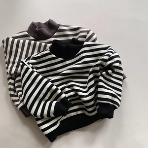 Kids Striped Fleece Sweatshirt Cotton Warm Mock Neck Pullover Autumn Winter Boys Girls Ribbed Cuffs Casual Long Sleeve Top