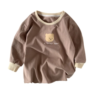 T-shirt en coton marron à manches longues pour filles avec motif de petit ours