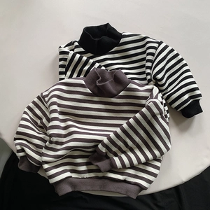 Detail view of polar fleece striped sweatshirts with ribbed mock neck and cuffs for kids