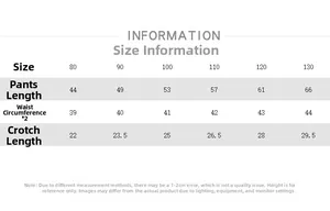 Detailed size chart for children's fleece warm pants with length and waist measurements