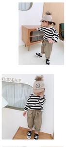 Detail of girls striped long sleeve t-shirt and khaki cargo pants set with baseball cap