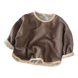 Classic striped long sleeve shirt for kids in vintage brown and cream with ribbed edges