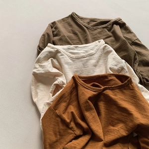 Kids long sleeve slub cotton T-shirts in olive, beige and caramel colors set