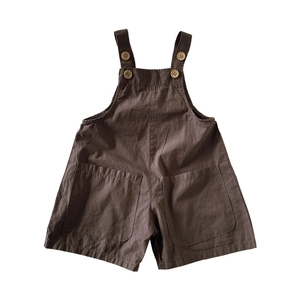 Kids cotton breathable overalls in coffee brown with wooden buttons and pockets