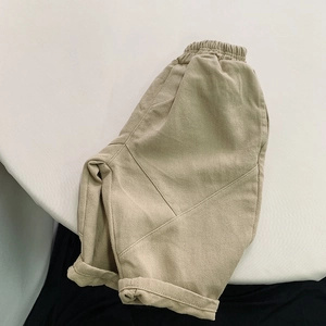Kids' khaki cotton casual wide-leg pants with elastic drawstring waist and rolled cuffs