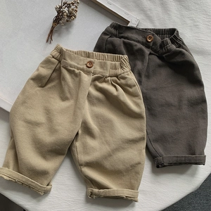 Kids loose cotton casual pants in khaki and dark brown with elastic high waist