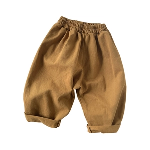 Kids loose casual cotton harem pants in earthy brown with elastic waist and rolled cuffs