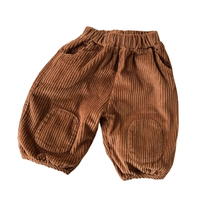Kids brown corduroy joggers with elastic waist and stylish knee patches for children