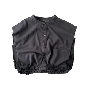 Kids minimalist charcoal grey cotton vest with front buttons and adjustable drawstring hem