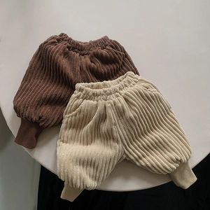Pantaloni Harem in Velluto a Coste con Fodera in Pile per Bambini Invernale Tinta Unita Vita Elastica Pantaloni Casual