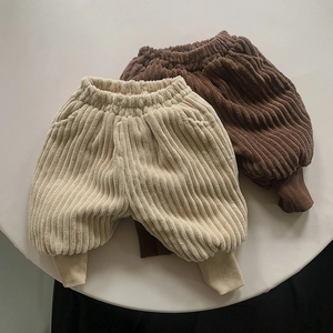 Pantaloni invernali spessi in velluto a coste per bambini in crema e marrone con elastico in vita