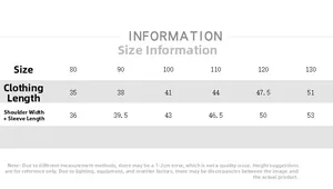 Detailed size chart for kids sweatshirt showing length and sleeve measurements