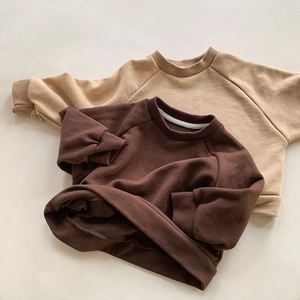 Fleece lined kids sweatshirts in khaki and chocolate colors with raglan sleeves