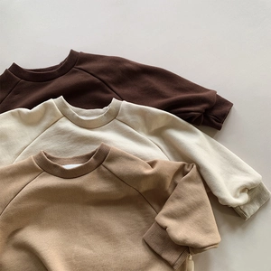 Detailed view of ribbed neckline and cuffs on layered kids' cotton sweatshirts