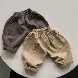 Kids autumn loose cotton casual pants in grey and khaki with elastic waist and rolled cuffs