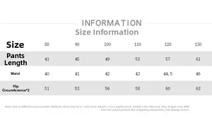 Size chart for kids loose harem pants showing length, waist and hip measurements in cm