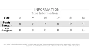 Size chart for kids' cotton trousers featuring waist and length measurements from 80 to 130