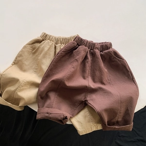 Kids loose casual cotton shorts in khaki and dark coffee with elastic waistband
