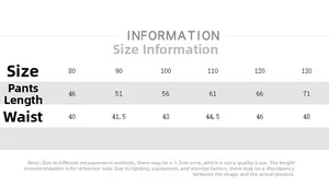 Detailed size guide for children's cotton cargo pants showing waist and length measurements