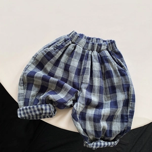 Kids Double Layer Cotton Plaid Pants Retro Blue Gingham Harem Pants For Boys Girls Toddler Casual Loose Comfy Trousers