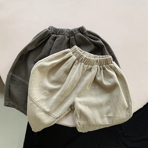 Toddler cotton loose harem pants in dark grey and beige with elastic waist detail