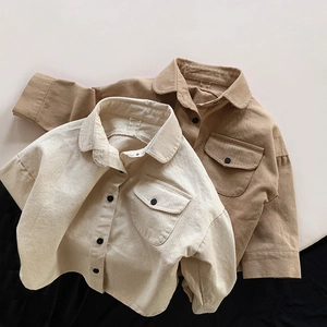 Kids vintage cotton shirts in beige and khaki with front pockets and black buttons