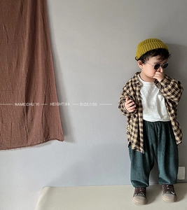 Kids long sleeve t-shirt with plaid shirt and corduroy pants outfit set for children