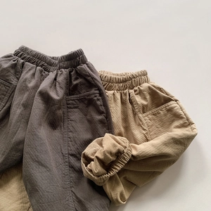 Kids loose cotton casual pants in dark gray and khaki with elastic waist and side pockets