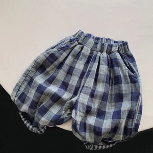 Kids vintage blue plaid cotton bloomers with elastic waist and comfortable pumpkin shape