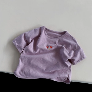 T-Shirt à Manches Courtes en Coton d'Été pour Enfants Violet Ample Haut Brodé Visage Souriant pour Garçons Filles Style Coréen Décontracté
