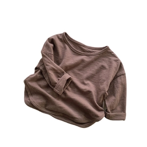 Brown long sleeve cotton T-shirt for kids with breathable slub texture fabric