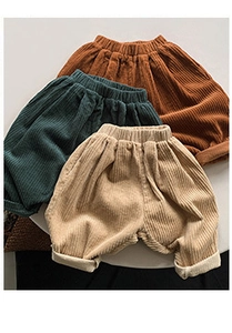 Three colors of soft corduroy toddler harem pants with elastic waist and folded cuffs
