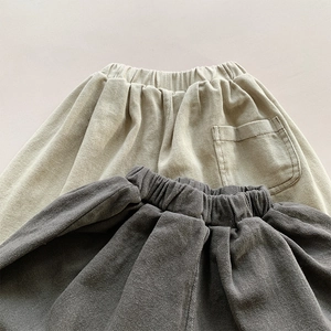 Kids loose wide-leg harem pants in khaki and grey heavy cotton twill with elastic waist