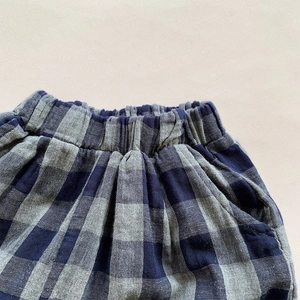 Kids vintage blue checkered cotton pants featuring a comfortable elastic waist design